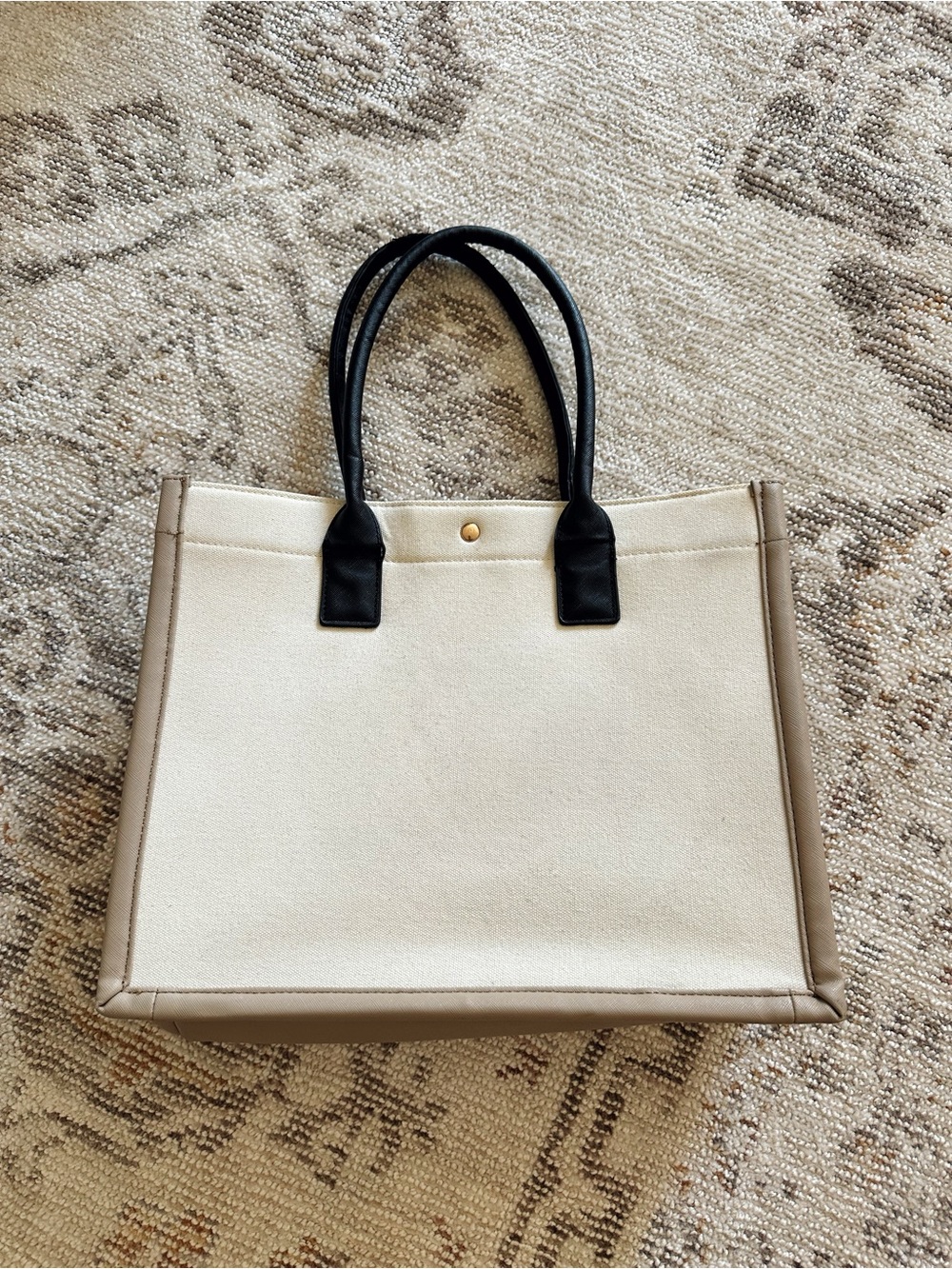 Cream Canvas Tote with Black Handles and Taupe Trim